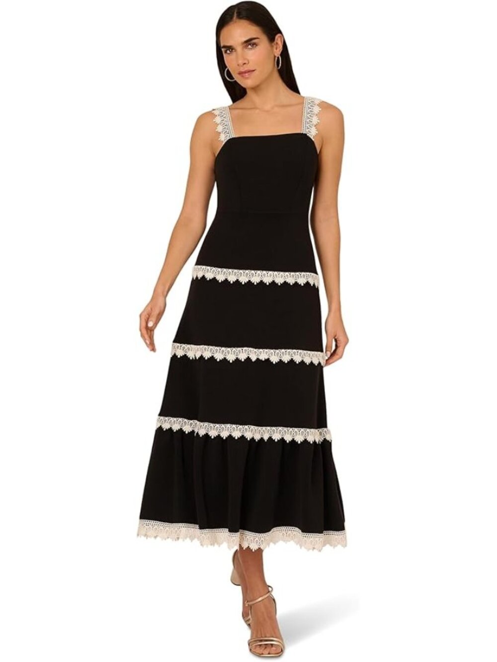 Adrianna Papell Women's Knit Crochet Trim Midi Sundress Black/Ecru Size 2